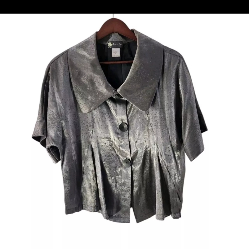 Damee Inc Silver Artsy Silver Gray Beaded Silky Button Front Jacket Size Small